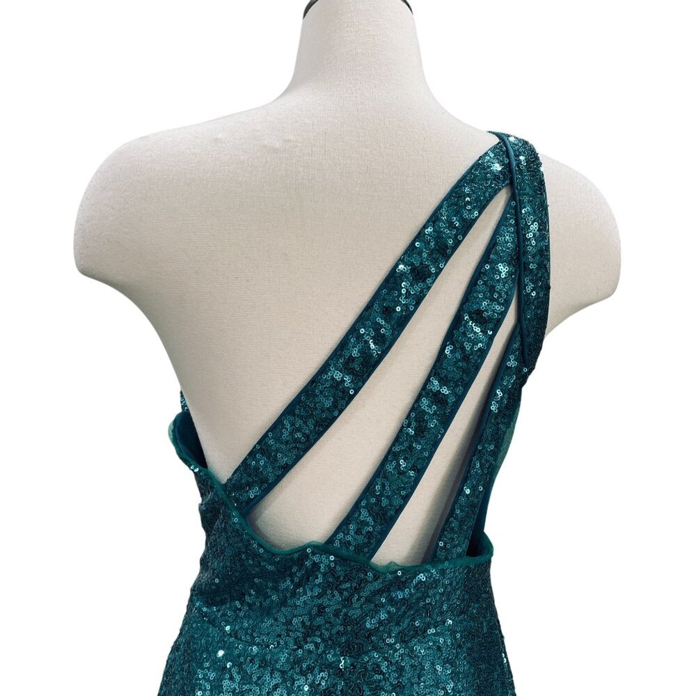 Teal Sequin One Shoulder Slit Maxi Dress Formal Gown Prom‎ Y2K Party Sexy - Picture 8 of 11